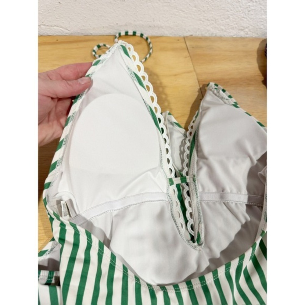 Cupshe Green White Striped Crochet Lace Halter One Piece Swimsuit Deep V-Neck - Picture 5 of 6